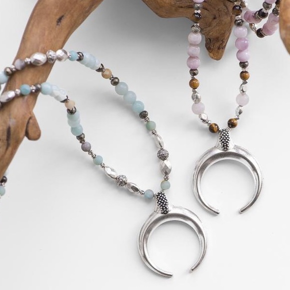 Aqua Handmade Crescent Moon Gemstone Bead Necklace - Picture 2 of 3